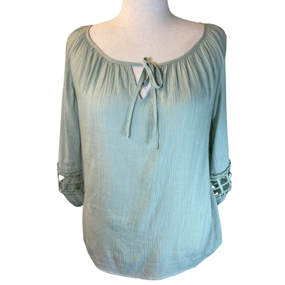 Olivia & Martin Sage Green Gauze Tie Neck Lattice Crochet Sleeve Blouse 1X